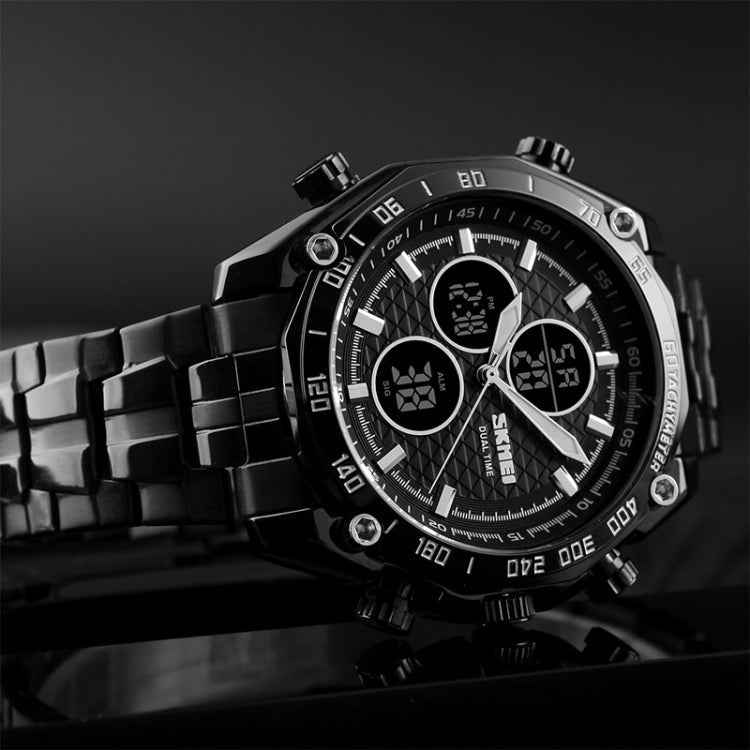 skmei-1302-fashion-men-leisure-wrist-watch-multifunctional-dual-time-sports-digital-watch-with-stainless-steel-watchband-30m-waterproof-silver-black